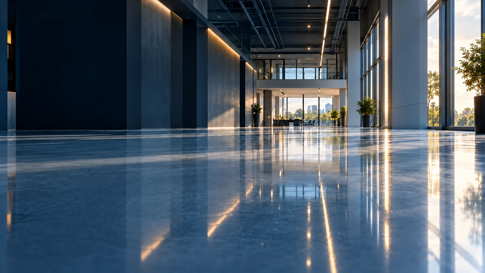 Architectural illustration of a luminous interior with a reflective blue floor.