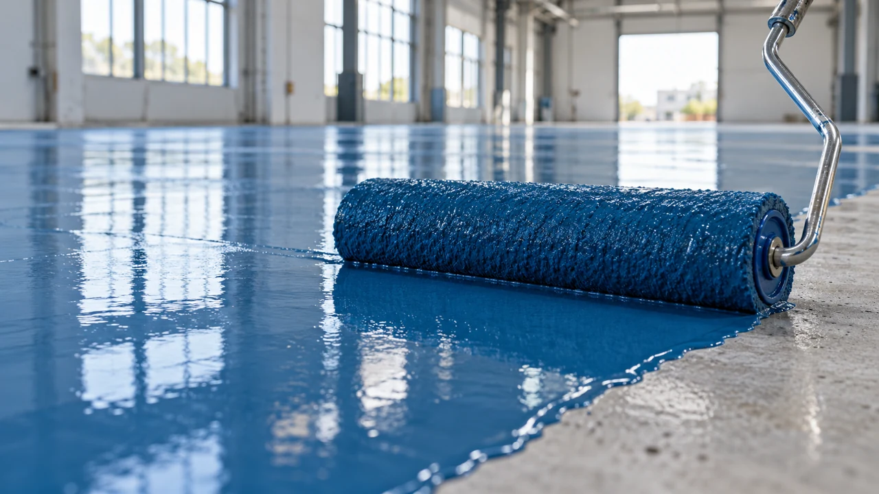 A professional roller resting on wet blue epoxy, with daylight reflected across a real-looking industrial floor.