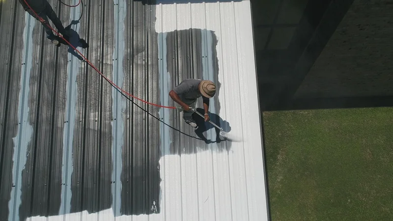 A worker applying white coating to a corrugated metal roof.